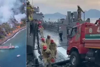 Marmaris'te orman yangını. Arazözleri çıkarma gemileri taşıdı | NTV Haber